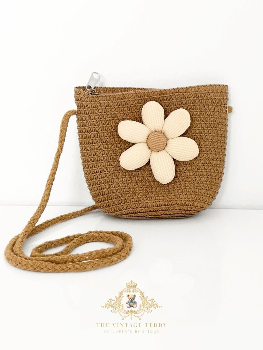 NWT Adorable Girls Straw Handbag Kids Accessories Shoulder Bohemian Flower Camel